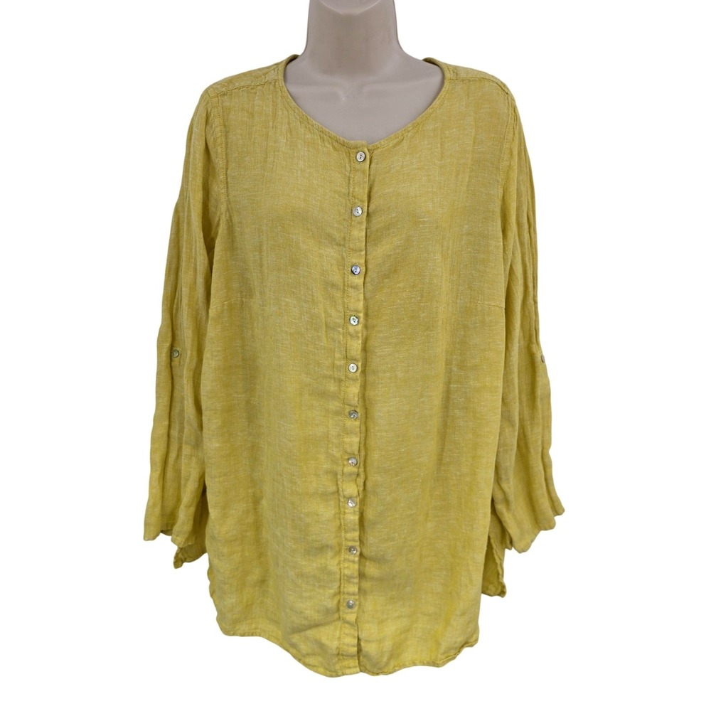 Tahari Tunic Top Women 1X Yellow 100% Linen Button Coastal Beachy Vacation